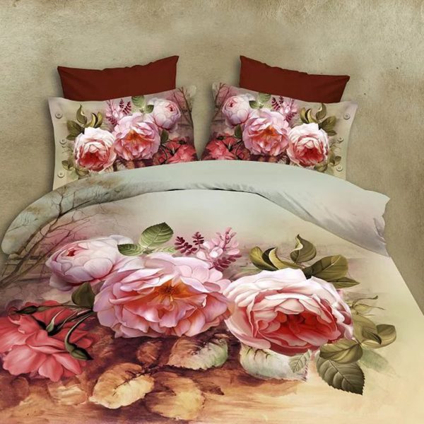 Designer Cotton Floral Bed Sheet(Cream and Red)